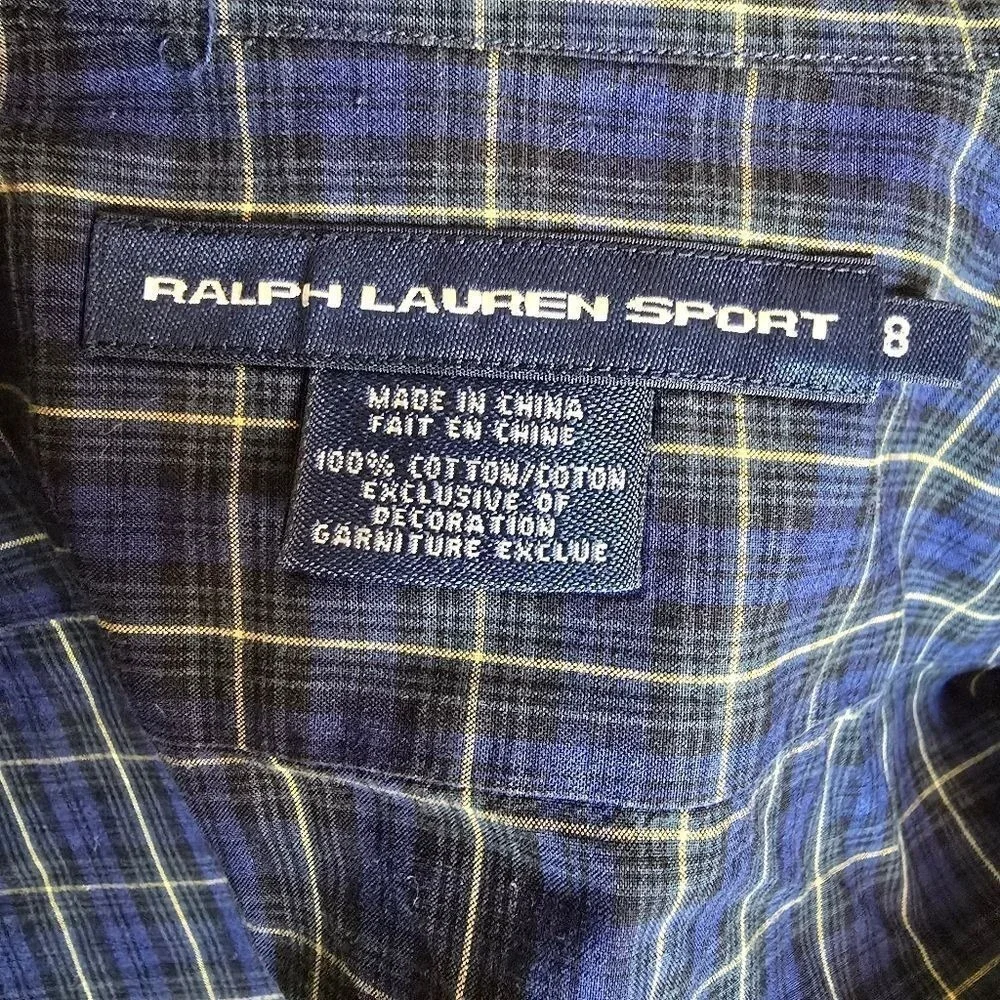 Ralph Lauren Sport kids long sleeve Shirt Size 8 Blue‎ Plaid Button Up